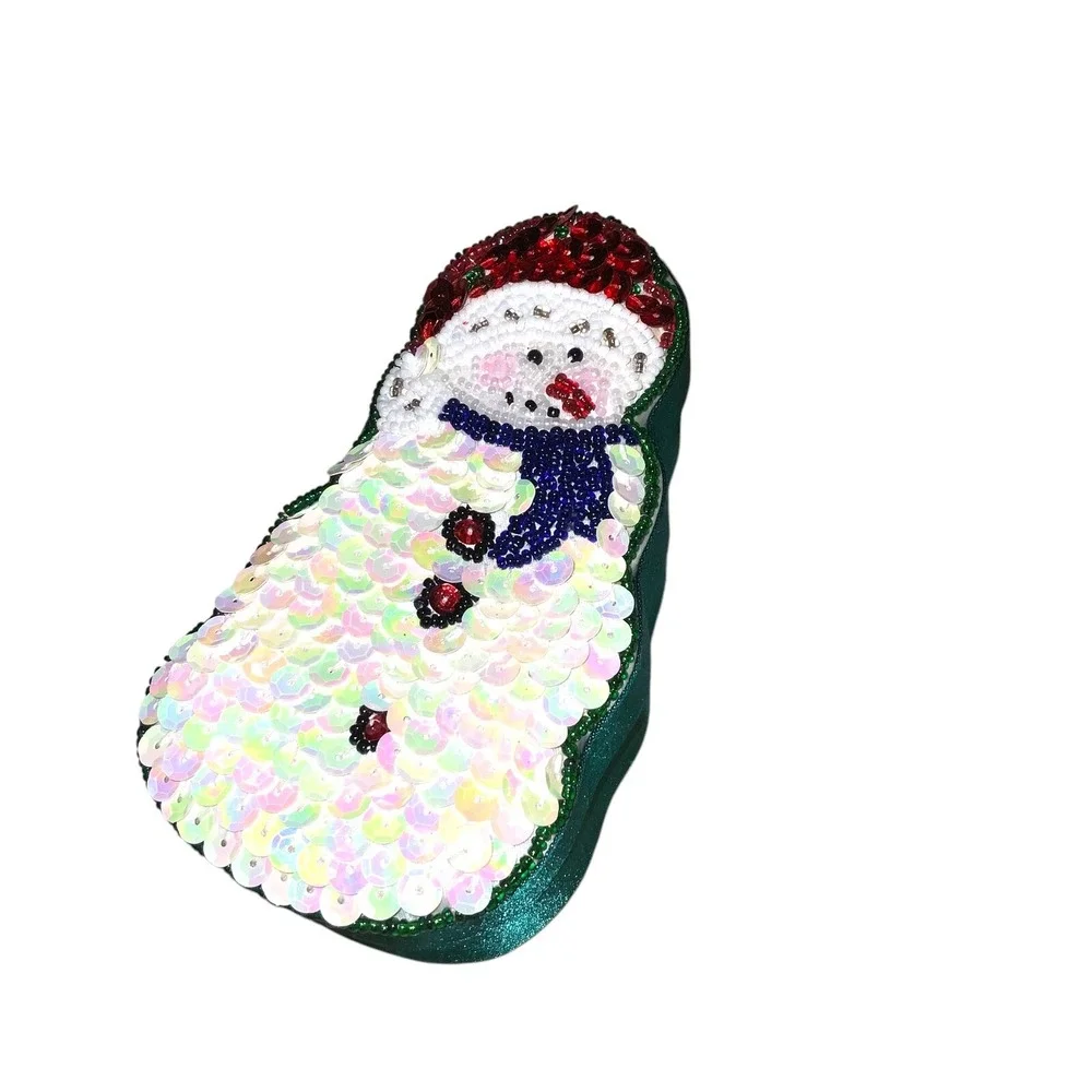 Vtg Holiday Christmas Snowman Sequin & Beaded Decorative Gift Trinket Box Green